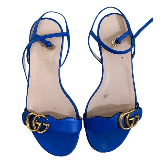 Gucci Shoes - Gucci Double G Marmont GG Blue Leather Flat Sandal Authentic
